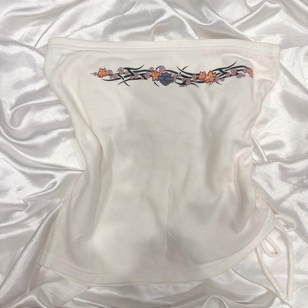 Harley-Davidson White Floral Tribal Graphic Tube Top Ruched Side Large